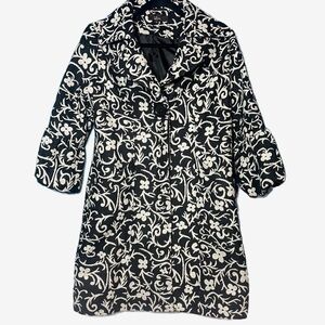 Vintage Luii black & white floral trench peacoat puffed bell size Large